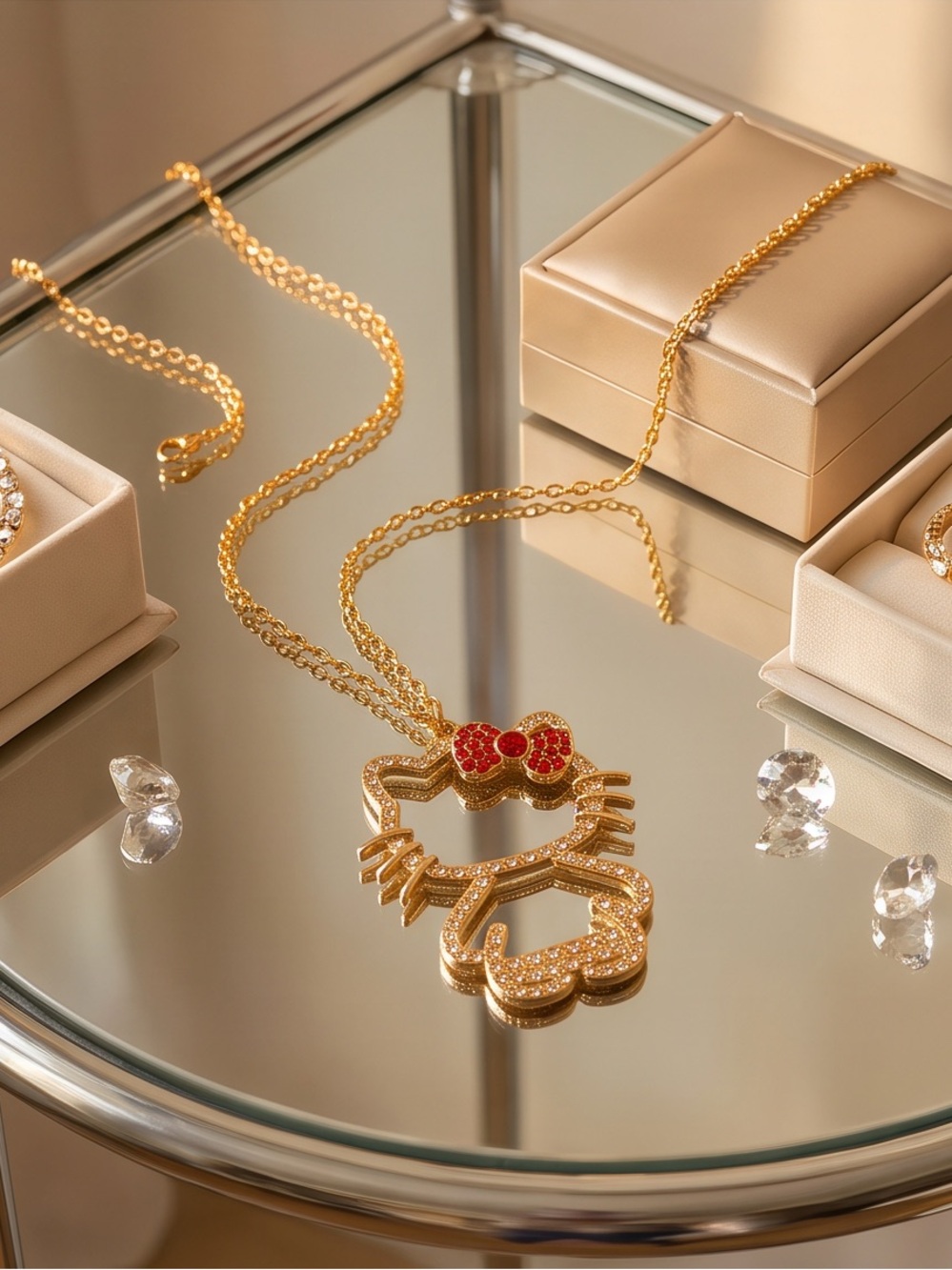 Gold Hello Kitty Crystal Pendant Necklace with Red Bow